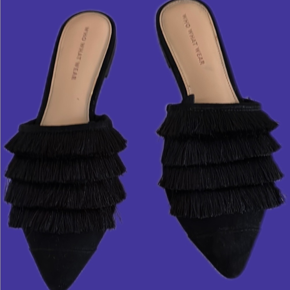 Women's Black Fringe Slide Sandals with black Swede toes